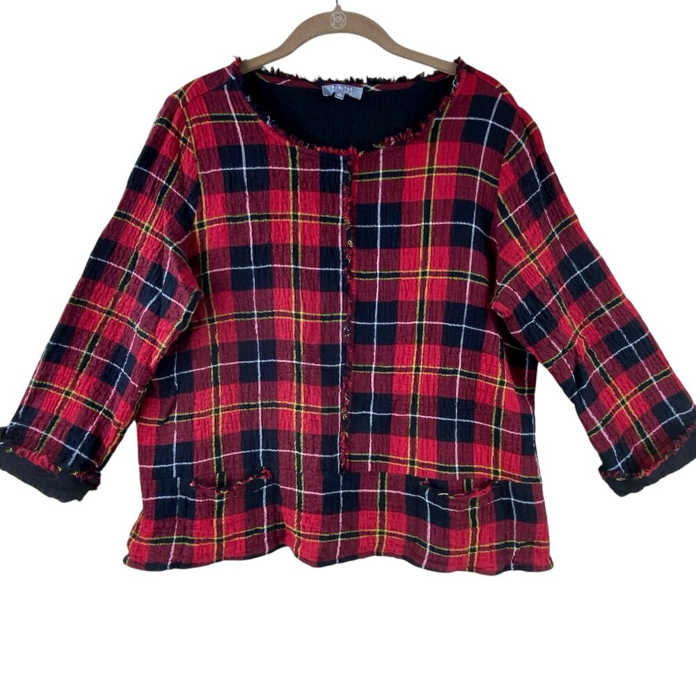 Habitat Plaid Blouse Size M Red Black Crinkle Art To Wear